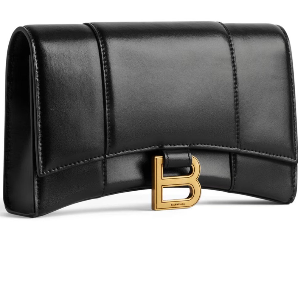 Firm Price Balenciaga Black Clutch with Gold 'B' Accent and Structured Design